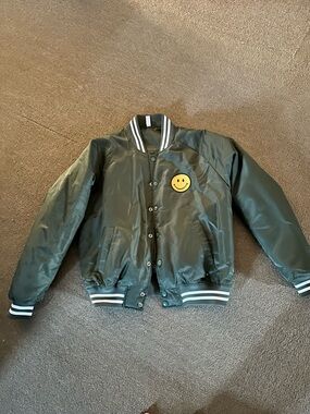 Olive Green Smiley Patch Bomber Jacket
